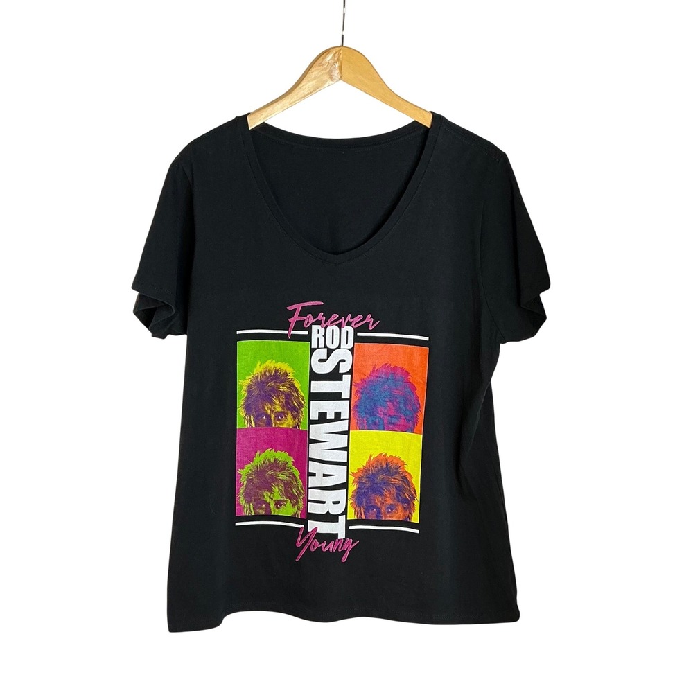 Rod Stewart Forever Young Graphic T Shirt Womens XL Black Concert Tee Pop Art
